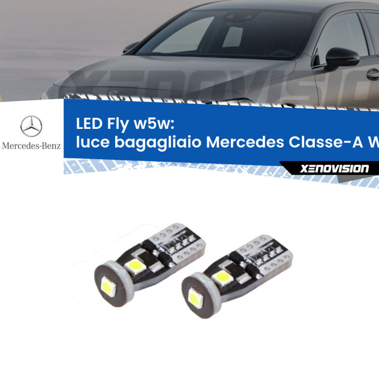 <strong>luce bagagliaio LED per Mercedes Classe-A</strong> W176 2012 - 2018. Coppia lampadine <strong>w5w</strong> Canbus compatte modello Fly Xenovision.