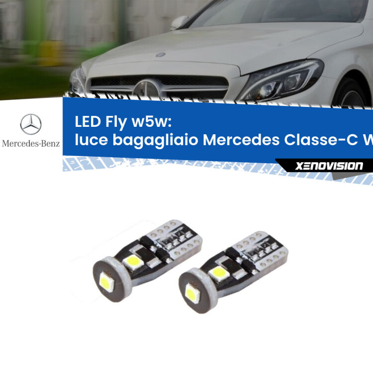 <strong>luce bagagliaio LED per Mercedes Classe-C</strong> W205 2013 - 2018. Coppia lampadine <strong>w5w</strong> Canbus compatte modello Fly Xenovision.