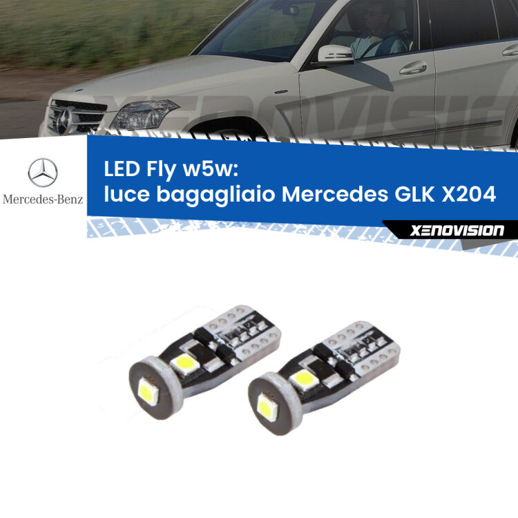 <strong>luce bagagliaio LED per Mercedes GLK</strong> X204 2008 - 2015. Coppia lampadine <strong>w5w</strong> Canbus compatte modello Fly Xenovision.