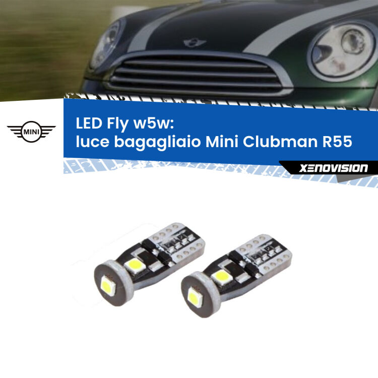 <strong>luce bagagliaio LED per Mini Clubman</strong> R55 2007 - 2015. Coppia lampadine <strong>w5w</strong> Canbus compatte modello Fly Xenovision.