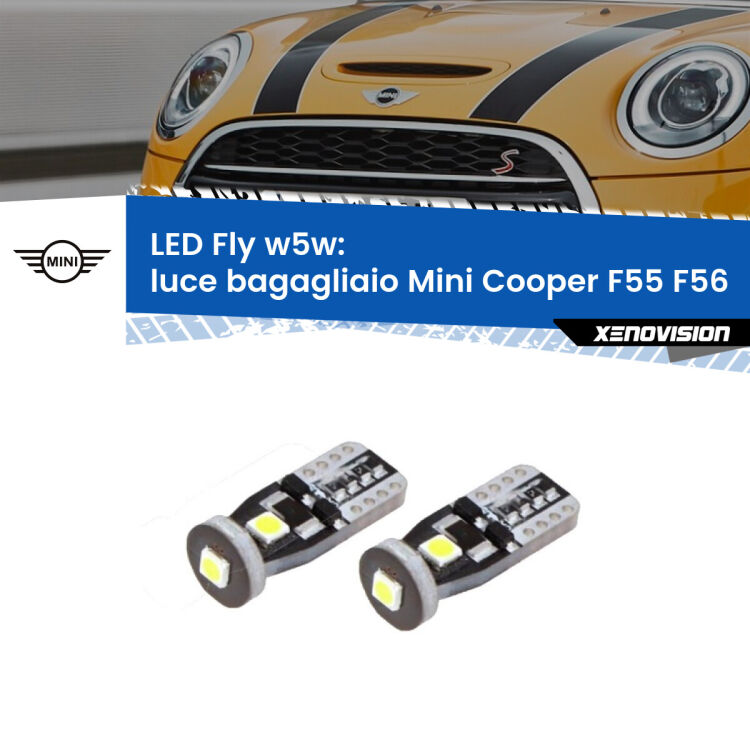 <strong>luce bagagliaio LED per Mini Cooper</strong> F55 F56 2013 - 2017. Coppia lampadine <strong>w5w</strong> Canbus compatte modello Fly Xenovision.