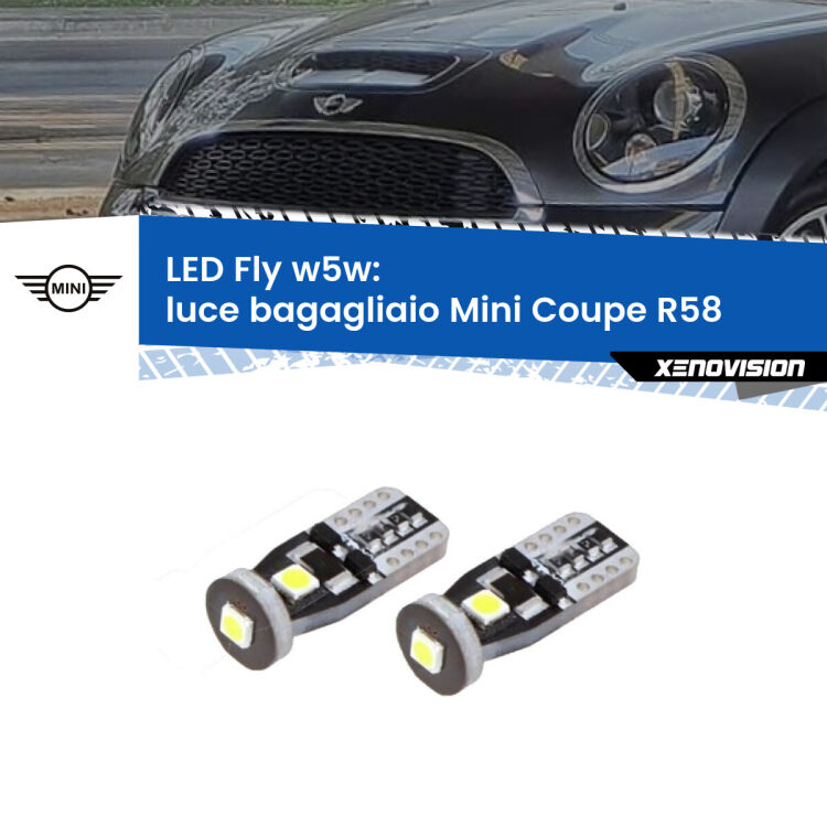 <strong>luce bagagliaio LED per Mini Coupe</strong> R58 2011 - 2015. Coppia lampadine <strong>w5w</strong> Canbus compatte modello Fly Xenovision.