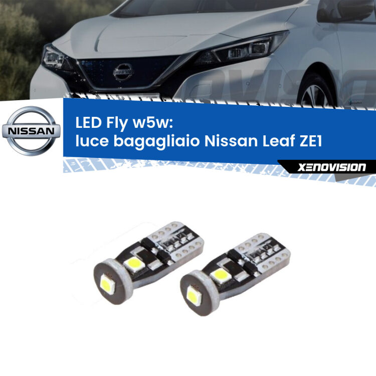 <strong>luce bagagliaio LED per Nissan Leaf</strong> ZE1 2017 in poi. Coppia lampadine <strong>w5w</strong> Canbus compatte modello Fly Xenovision.