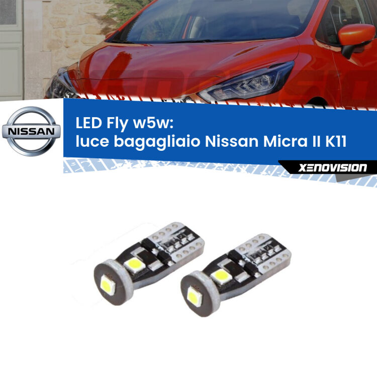 <strong>luce bagagliaio LED per Nissan Micra II</strong> K11 1992 - 2003. Coppia lampadine <strong>w5w</strong> Canbus compatte modello Fly Xenovision.