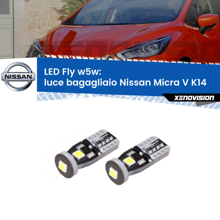 <strong>luce bagagliaio LED per Nissan Micra V</strong> K14 2016 in poi. Coppia lampadine <strong>w5w</strong> Canbus compatte modello Fly Xenovision.