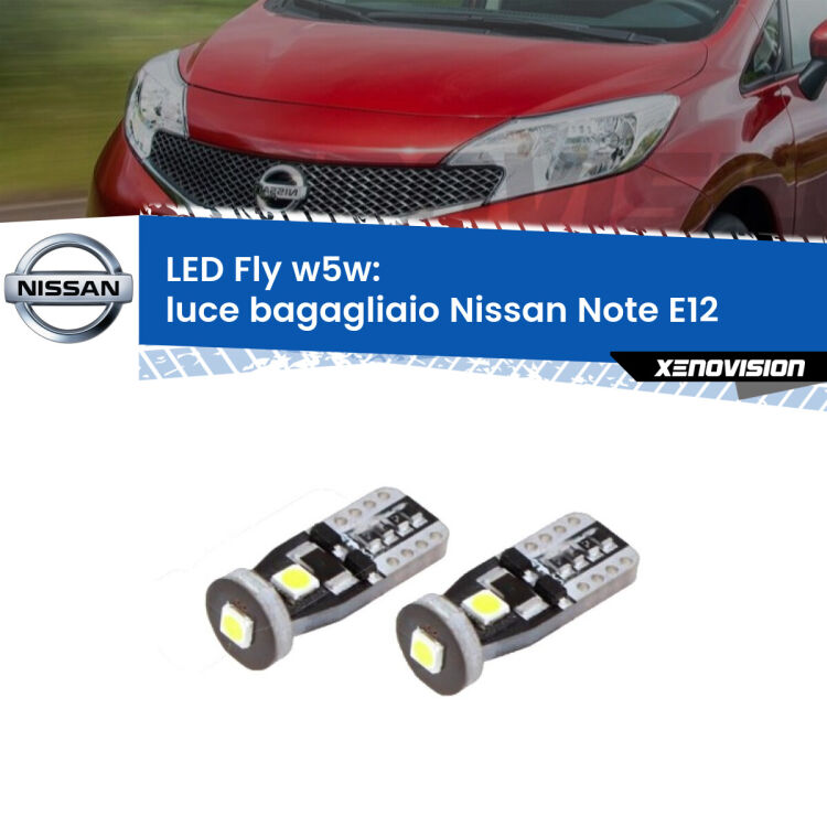 <strong>luce bagagliaio LED per Nissan Note</strong> E12 2013 in poi. Coppia lampadine <strong>w5w</strong> Canbus compatte modello Fly Xenovision.