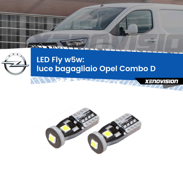 <strong>luce bagagliaio LED per Opel Combo D</strong>  2012 - 2018. Coppia lampadine <strong>w5w</strong> Canbus compatte modello Fly Xenovision.