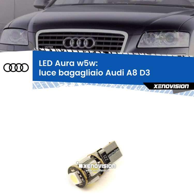 <strong>LED luce bagagliaio w5w per Audi A8</strong> D3 2002 - 2009. Una lampadina <strong>w5w</strong> canbus luce bianca 6000k modello Aura Xenovision.