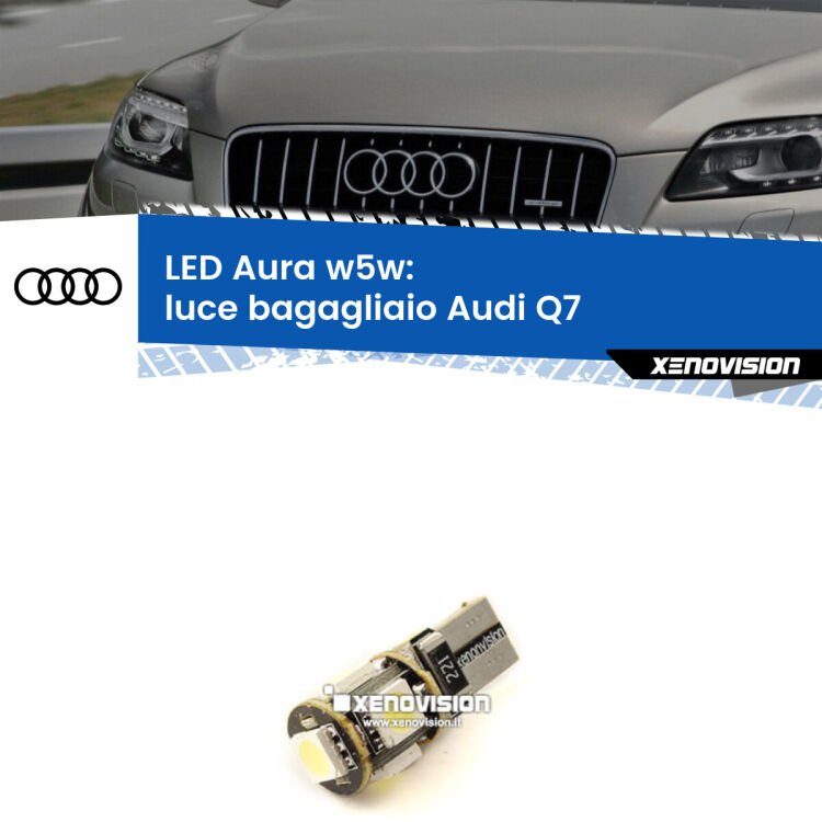 <strong>LED luce bagagliaio w5w per Audi Q7</strong>  2006 - 2015. Una lampadina <strong>w5w</strong> canbus luce bianca 6000k modello Aura Xenovision.