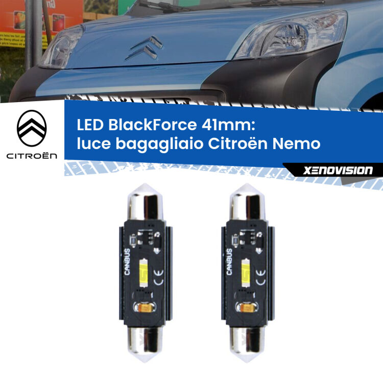 <strong>Luce Bagagliaio LED per Citroën Nemo</strong>  2008 in poi. Coppia lampade <strong>C5W</strong> 41mm modello BlackForce canbus.