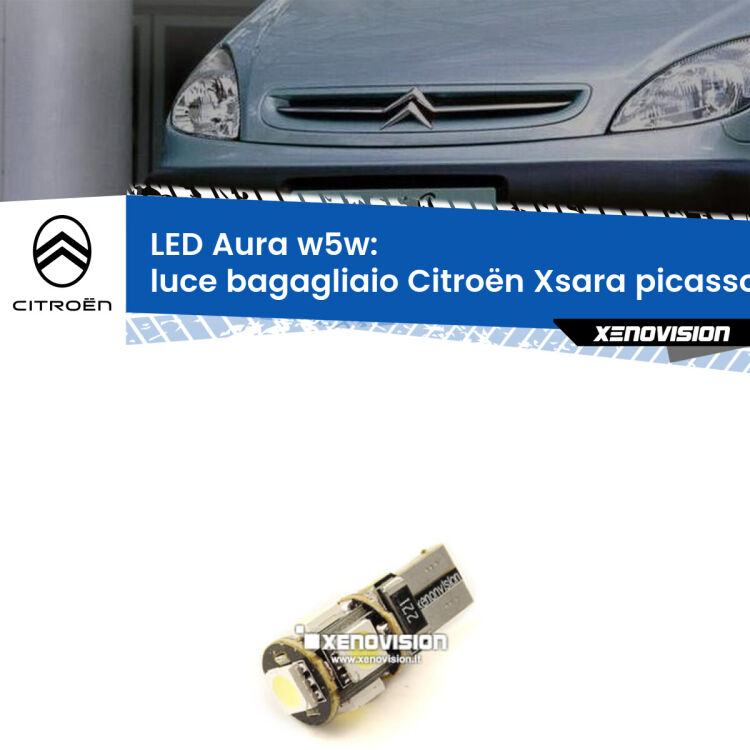 <strong>LED luce bagagliaio w5w per Citroën Xsara picasso</strong>  1999 - 2012. Una lampadina <strong>w5w</strong> canbus luce bianca 6000k modello Aura Xenovision.