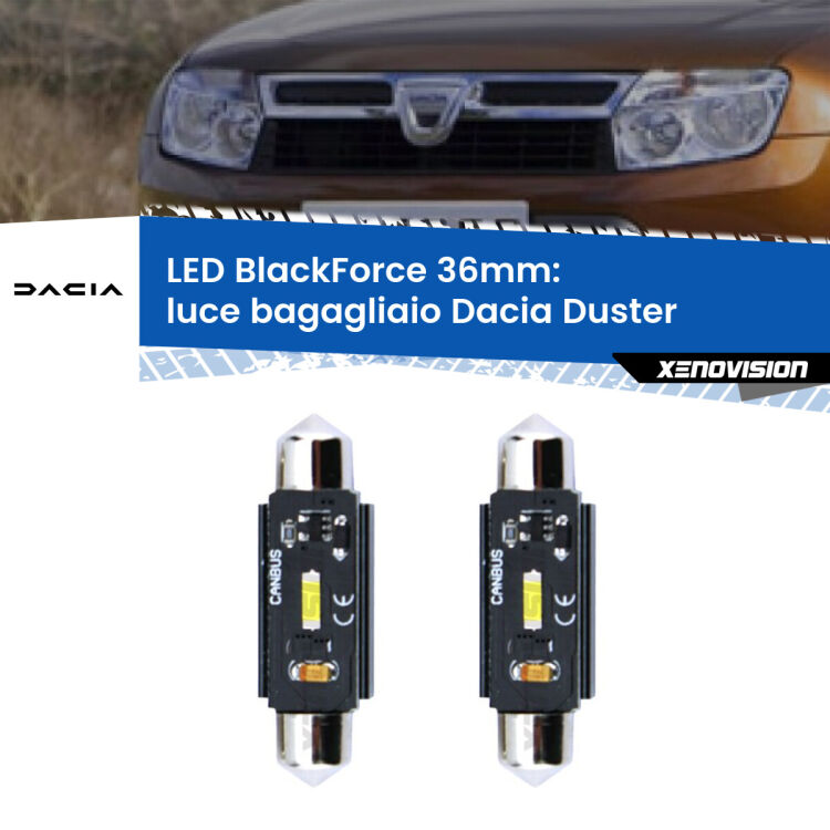 <strong>Luce Bagagliaio LED per Dacia Duster</strong>  prima serie. Coppia lampade <strong>C5W</strong> 36mm modello BlackForce canbus.