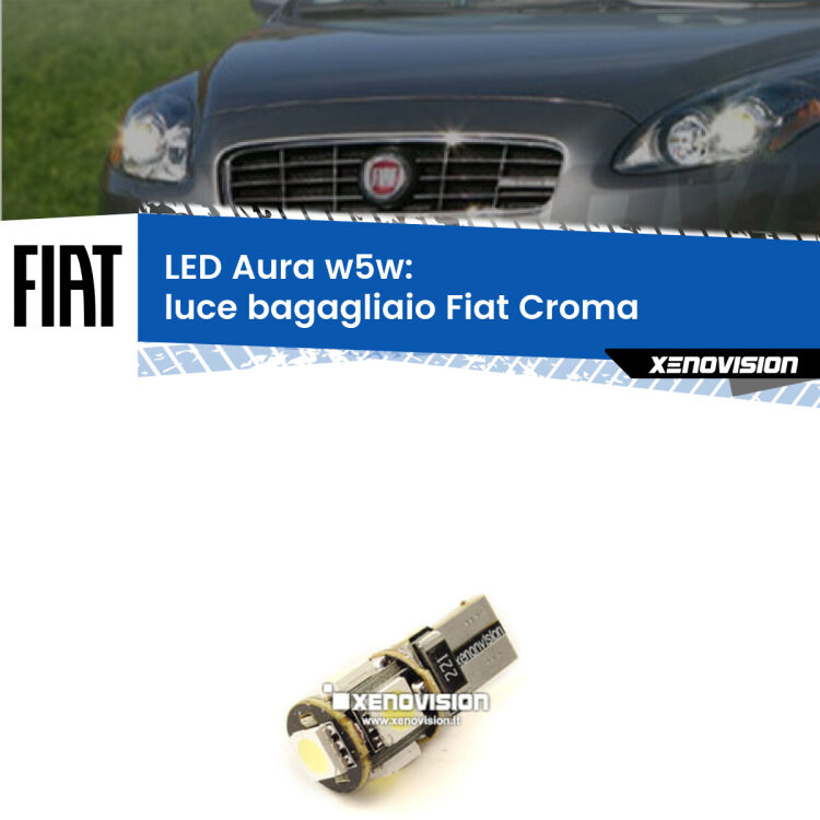 <strong>LED luce bagagliaio w5w per Fiat Croma</strong>  2005 - 2010. Una lampadina <strong>w5w</strong> canbus luce bianca 6000k modello Aura Xenovision.