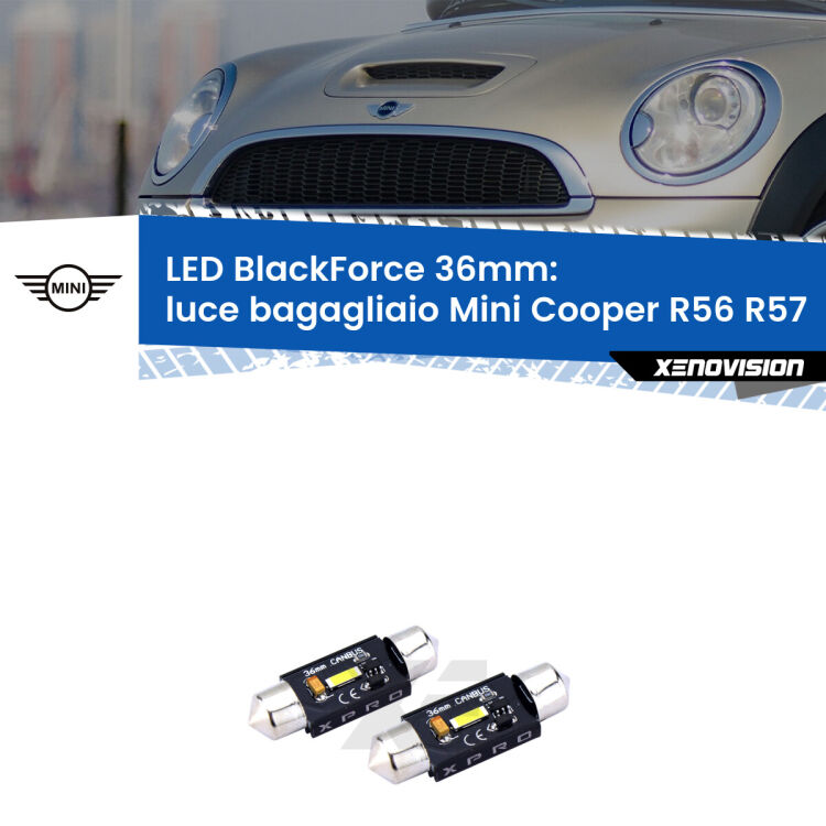 <strong>LED luce bagagliaio 36mm per Mini Cooper</strong> R56 R57 2006 - 2013. Coppia lampadine <strong>C5W</strong>modello BlackForce Xenovision.