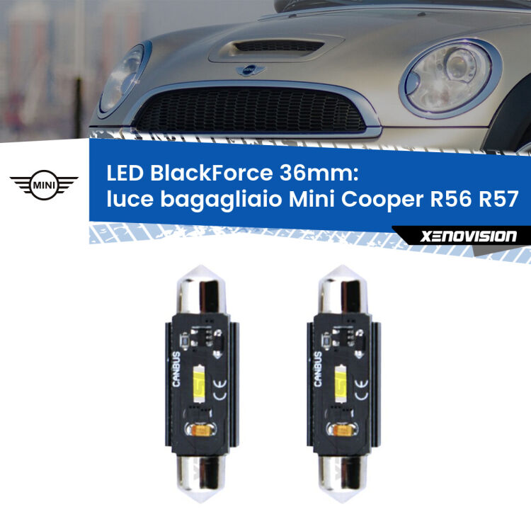 <strong>Luce Bagagliaio LED per Mini Cooper</strong> R56 R57 2006 - 2013. Coppia lampade <strong>C5W</strong> 36mm modello BlackForce canbus.