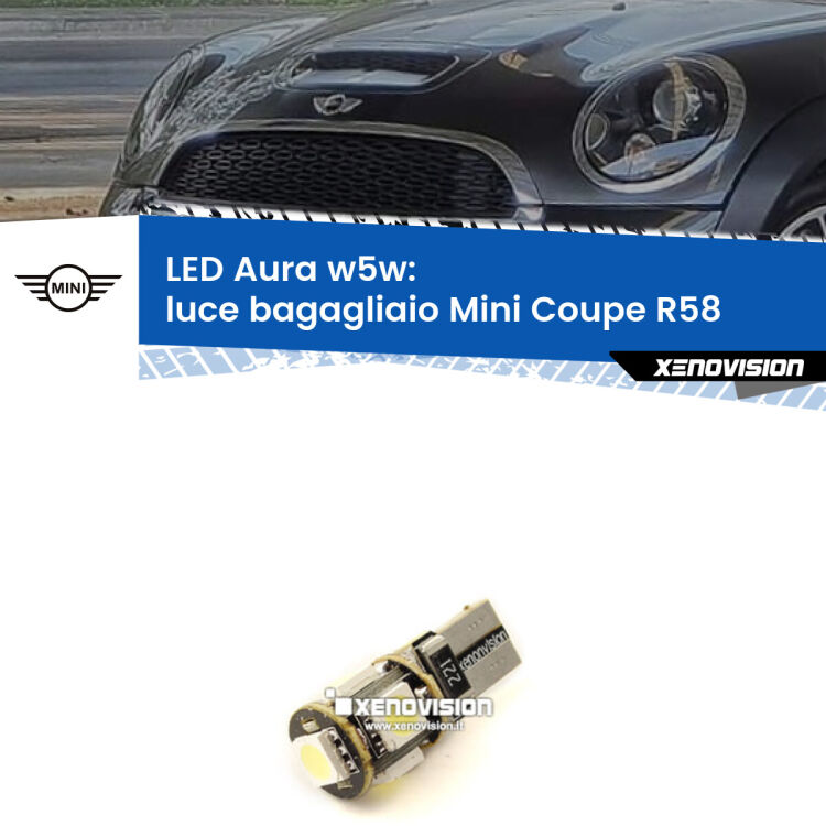 <strong>LED luce bagagliaio w5w per Mini Coupe</strong> R58 2011 - 2015. Una lampadina <strong>w5w</strong> canbus luce bianca 6000k modello Aura Xenovision.