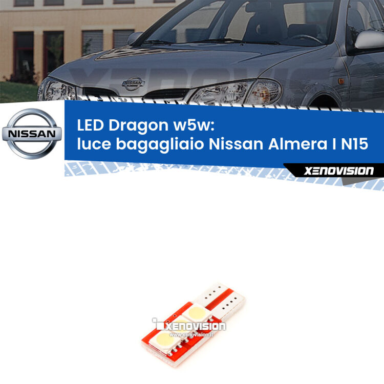 FINE SERIE: NO GARANZIA <strong>LED luce bagagliaio per Nissan Almera I</strong> N15 1995 - 2000. Lampade <strong>W5W</strong> a illuminazione laterale modello Dragon Xenovision.