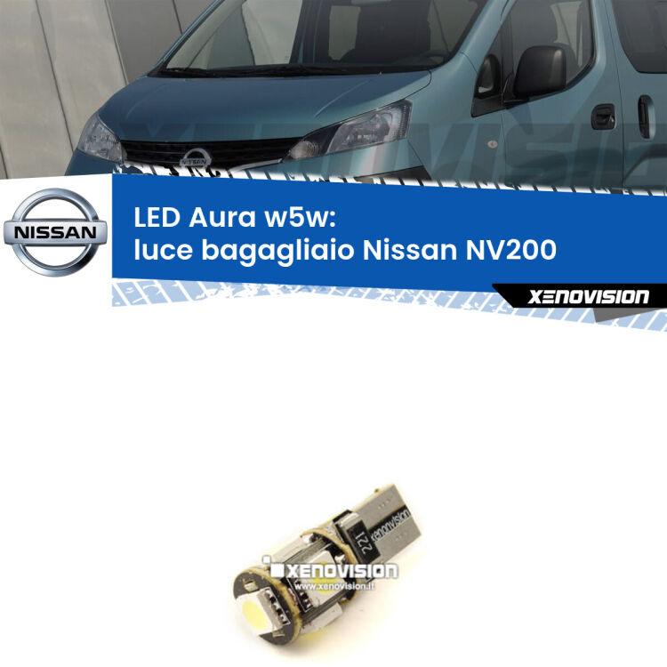 <strong>LED luce bagagliaio w5w per Nissan NV200</strong>  2010 - 2019. Una lampadina <strong>w5w</strong> canbus luce bianca 6000k modello Aura Xenovision.