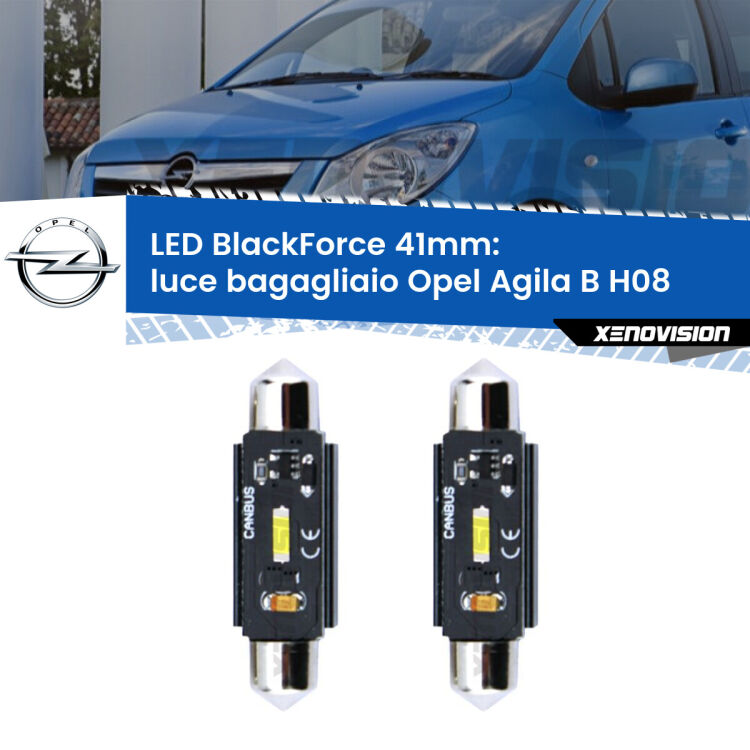 <strong>Luce Bagagliaio LED per Opel Agila B</strong> H08 2008 - 2014. Coppia lampade <strong>C5W</strong> 41mm modello BlackForce canbus.