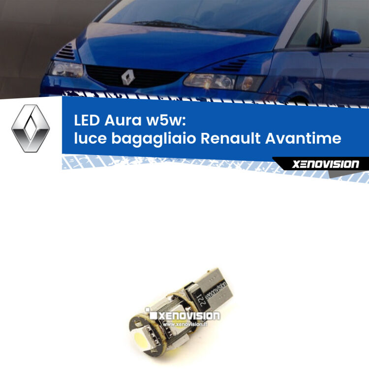 <strong>LED luce bagagliaio w5w per Renault Avantime</strong>  2001 - 2003. Una lampadina <strong>w5w</strong> canbus luce bianca 6000k modello Aura Xenovision.