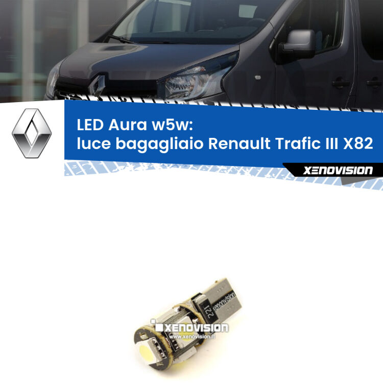 <strong>LED luce bagagliaio w5w per Renault Trafic III</strong> X82 2014 in poi. Una lampadina <strong>w5w</strong> canbus luce bianca 6000k modello Aura Xenovision.