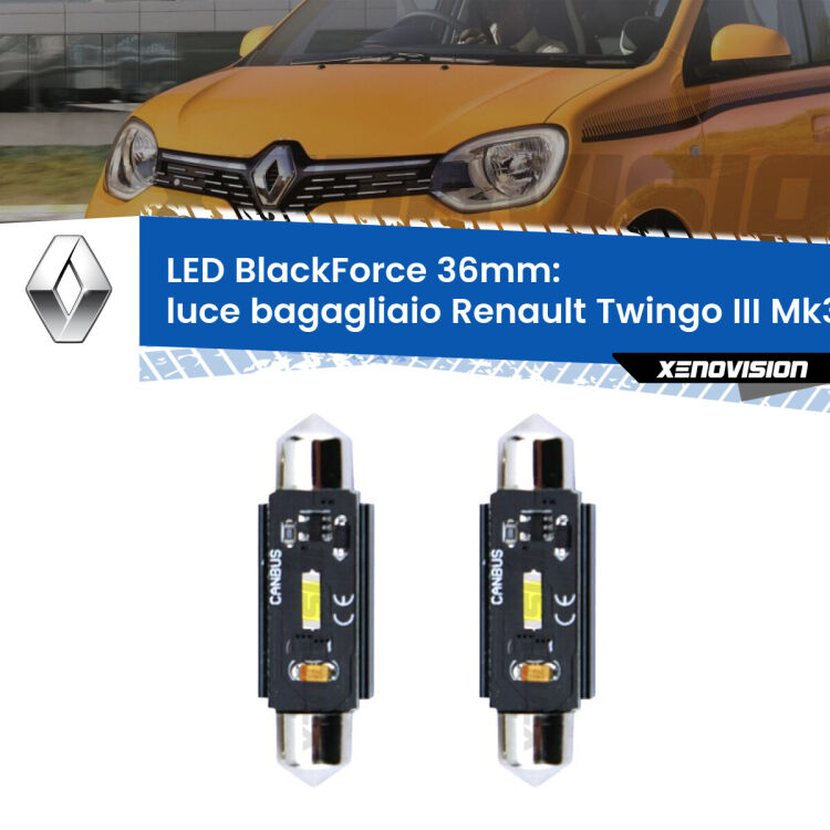 <strong>Luce Bagagliaio LED per Renault Twingo III</strong> Mk3 2014 - 2021. Coppia lampade <strong>C5W</strong> 36mm modello BlackForce canbus.