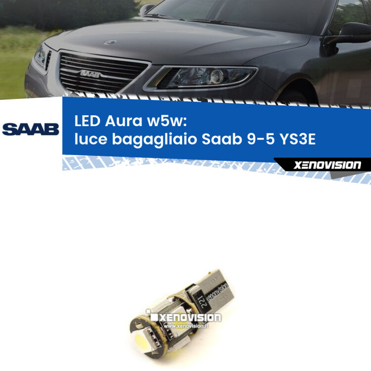 <strong>LED luce bagagliaio w5w per Saab 9-5</strong> YS3E 1997 - 2010. Una lampadina <strong>w5w</strong> canbus luce bianca 6000k modello Aura Xenovision.