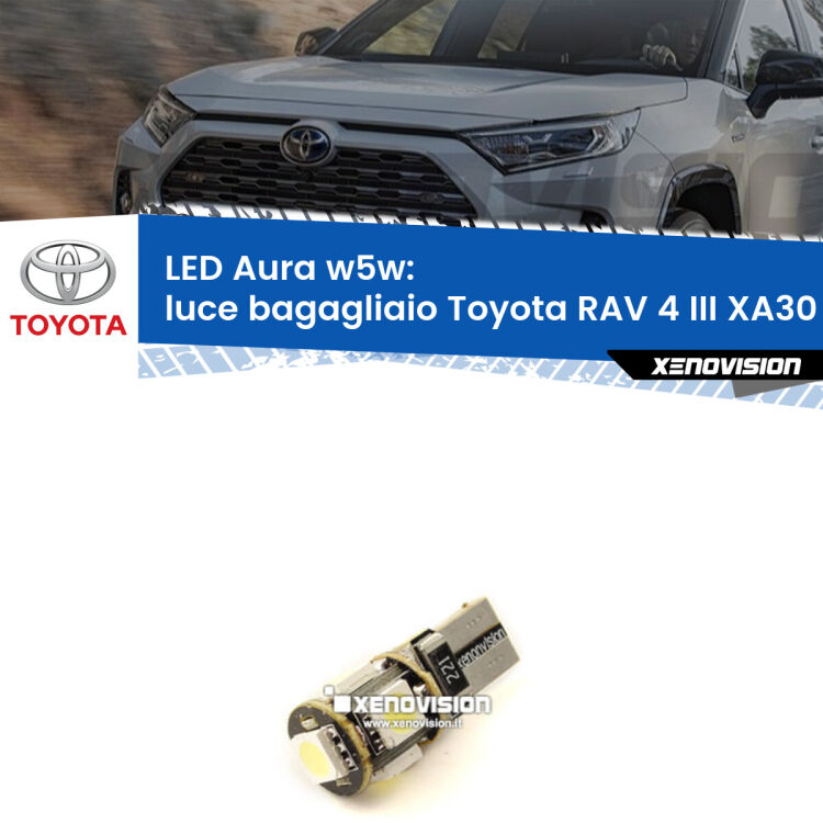 <strong>LED luce bagagliaio w5w per Toyota RAV 4 III</strong> XA30 2005 - 2014. Una lampadina <strong>w5w</strong> canbus luce bianca 6000k modello Aura Xenovision.