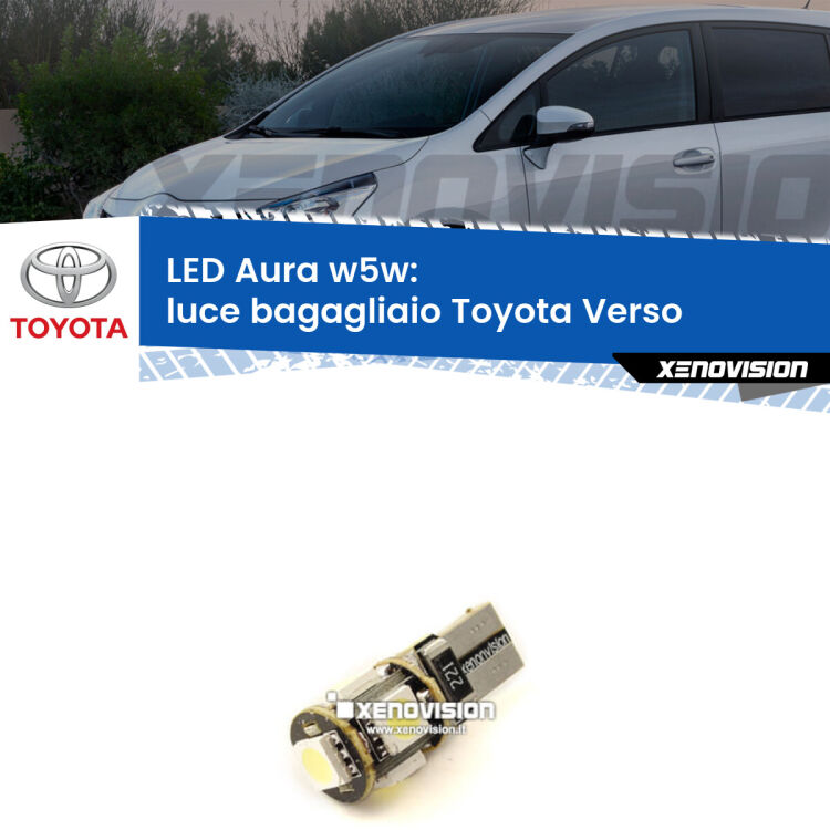 <strong>LED luce bagagliaio w5w per Toyota Verso</strong>  2009 - 2018. Una lampadina <strong>w5w</strong> canbus luce bianca 6000k modello Aura Xenovision.