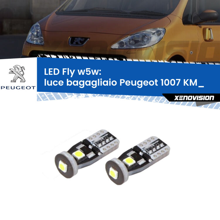 <strong>luce bagagliaio LED per Peugeot 1007</strong> KM_ 2005 - 2009. Coppia lampadine <strong>w5w</strong> Canbus compatte modello Fly Xenovision.