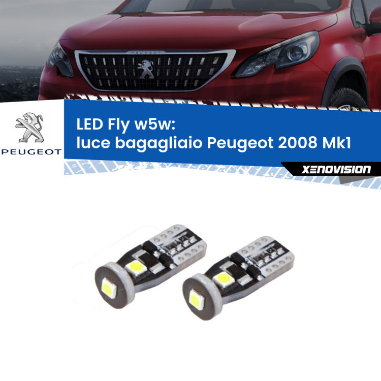 <strong>luce bagagliaio LED per Peugeot 2008</strong> Mk1 2013 - 2018. Coppia lampadine <strong>w5w</strong> Canbus compatte modello Fly Xenovision.