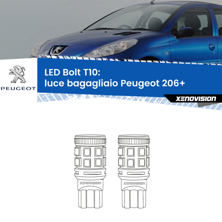 <strong>Luce Bagagliaio LED per Peugeot 206+</strong>  2009 - 2013. Coppia lampade <strong>T10</strong> modello Bolt canbus.