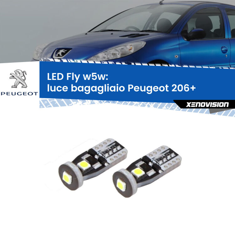 <strong>luce bagagliaio LED per Peugeot 206+</strong>  2009 - 2013. Coppia lampadine <strong>w5w</strong> Canbus compatte modello Fly Xenovision.