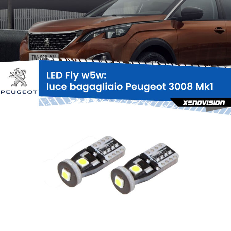 <strong>luce bagagliaio LED per Peugeot 3008</strong> Mk1 2008 - 2015. Coppia lampadine <strong>w5w</strong> Canbus compatte modello Fly Xenovision.