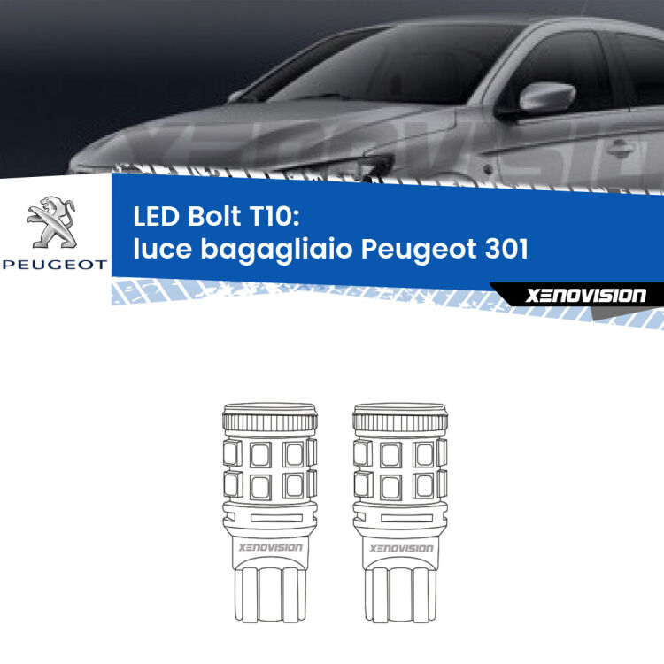 <strong>Luce Bagagliaio LED per Peugeot 301</strong>  2012 - 2017. Coppia lampade <strong>T10</strong> modello Bolt canbus.