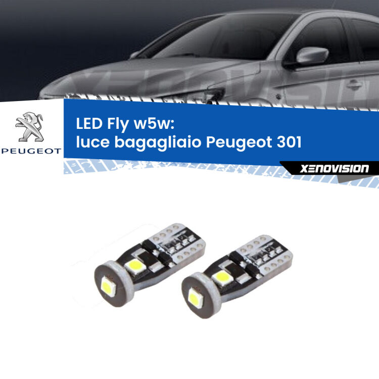 <strong>luce bagagliaio LED per Peugeot 301</strong>  2012 - 2017. Coppia lampadine <strong>w5w</strong> Canbus compatte modello Fly Xenovision.