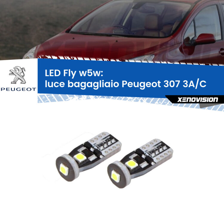 <strong>luce bagagliaio LED per Peugeot 307</strong> 3A/C 2000 - 2009. Coppia lampadine <strong>w5w</strong> Canbus compatte modello Fly Xenovision.