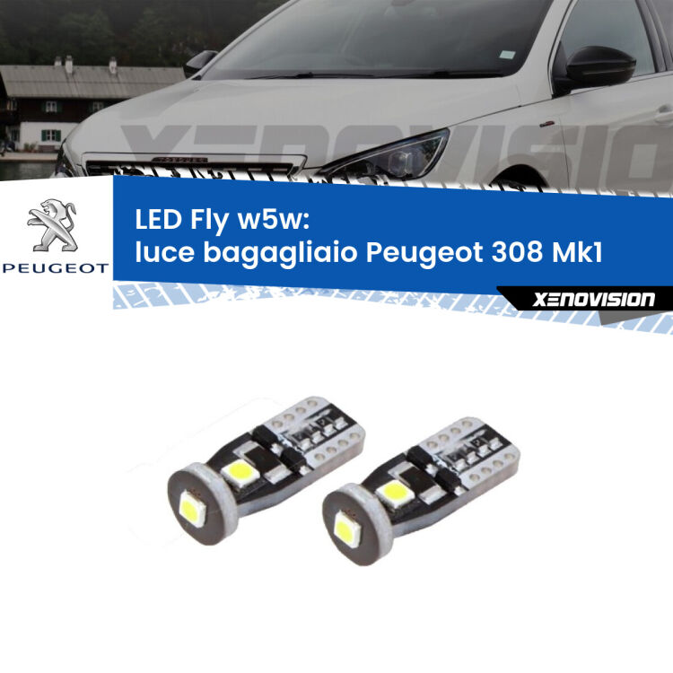 <strong>luce bagagliaio LED per Peugeot 308</strong> Mk1 2007 - 2012. Coppia lampadine <strong>w5w</strong> Canbus compatte modello Fly Xenovision.