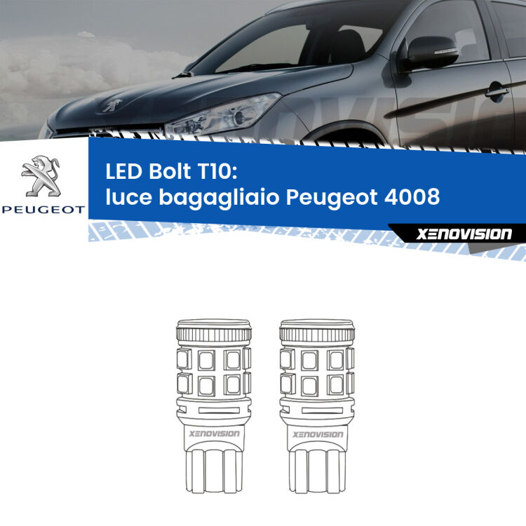 <strong>Luce Bagagliaio LED per Peugeot 4008</strong>  2012 in poi. Coppia lampade <strong>T10</strong> modello Bolt canbus.