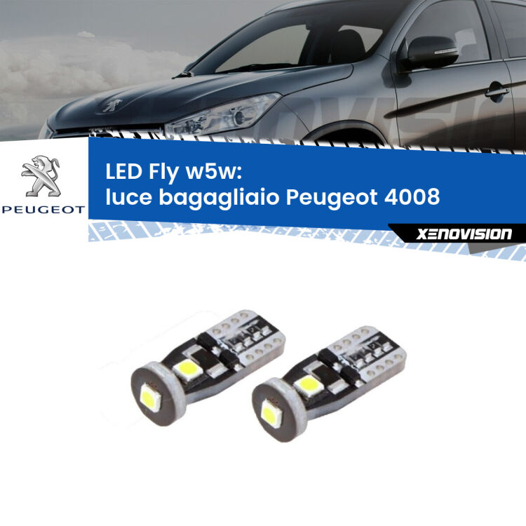 <strong>luce bagagliaio LED per Peugeot 4008</strong>  2012 in poi. Coppia lampadine <strong>w5w</strong> Canbus compatte modello Fly Xenovision.