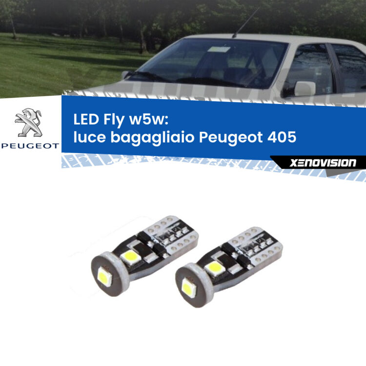 <strong>luce bagagliaio LED per Peugeot 405</strong>  1987 - 1997. Coppia lampadine <strong>w5w</strong> Canbus compatte modello Fly Xenovision.