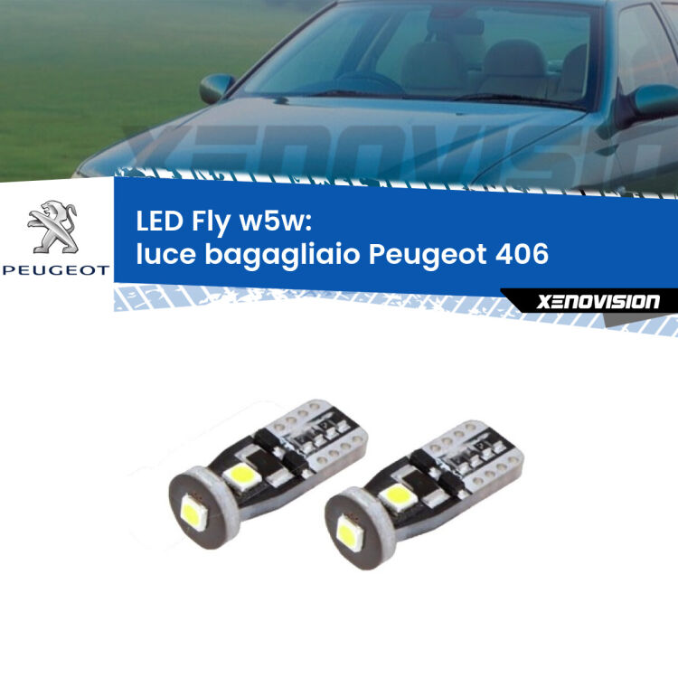 <strong>luce bagagliaio LED per Peugeot 406</strong>  1995 - 2004. Coppia lampadine <strong>w5w</strong> Canbus compatte modello Fly Xenovision.