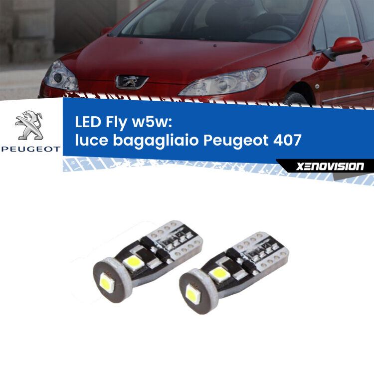 <strong>luce bagagliaio LED per Peugeot 407</strong>  2004 - 2011. Coppia lampadine <strong>w5w</strong> Canbus compatte modello Fly Xenovision.