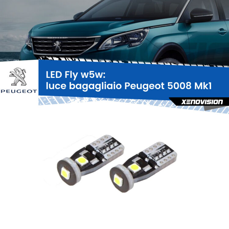 <strong>luce bagagliaio LED per Peugeot 5008</strong> Mk1 2009 - 2016. Coppia lampadine <strong>w5w</strong> Canbus compatte modello Fly Xenovision.