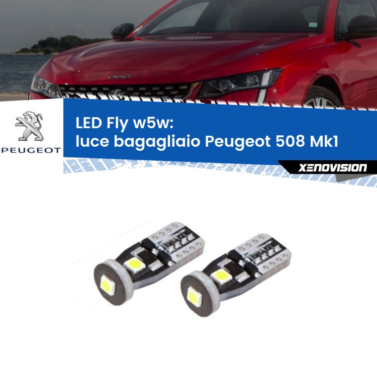 <strong>luce bagagliaio LED per Peugeot 508</strong> Mk1 2010 - 2017. Coppia lampadine <strong>w5w</strong> Canbus compatte modello Fly Xenovision.