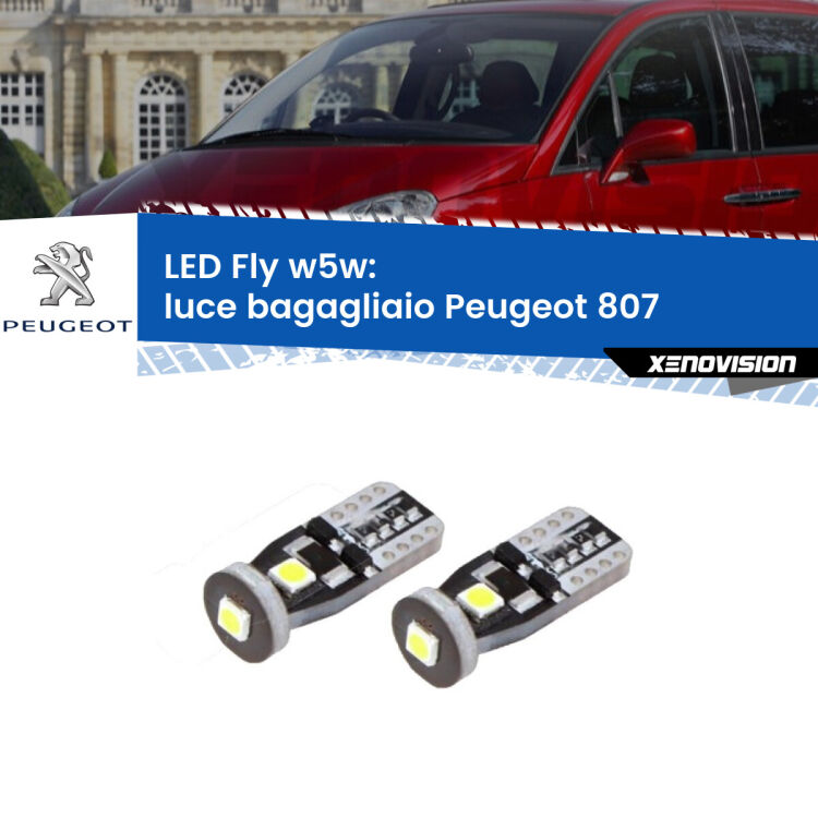 <strong>luce bagagliaio LED per Peugeot 807</strong>  2002 - 2010. Coppia lampadine <strong>w5w</strong> Canbus compatte modello Fly Xenovision.