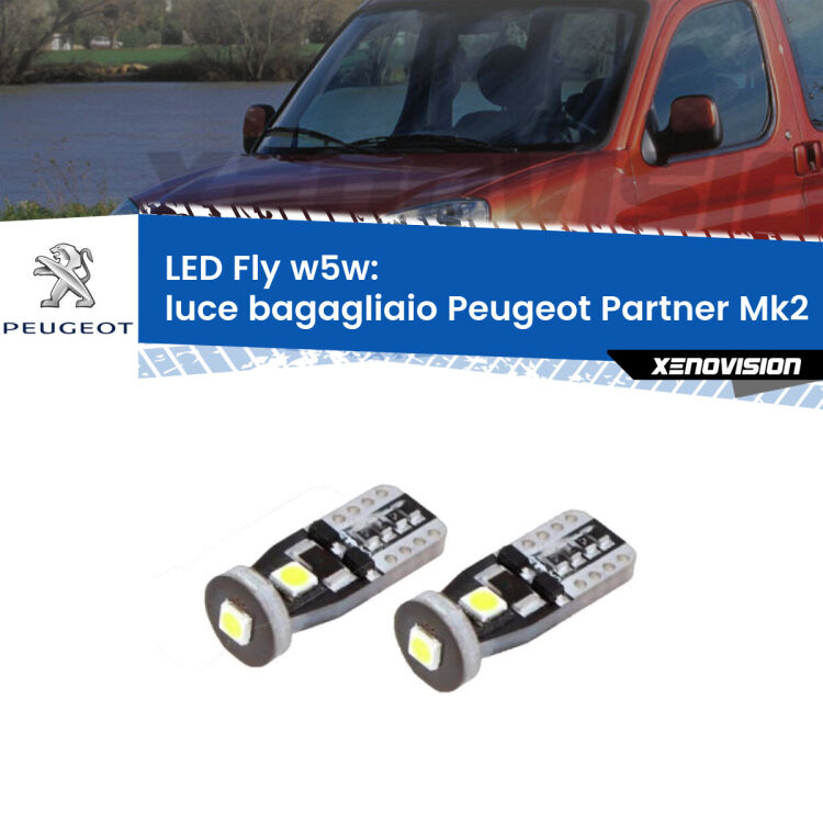 <strong>luce bagagliaio LED per Peugeot Partner</strong> Mk2 2008 - 2016. Coppia lampadine <strong>w5w</strong> Canbus compatte modello Fly Xenovision.