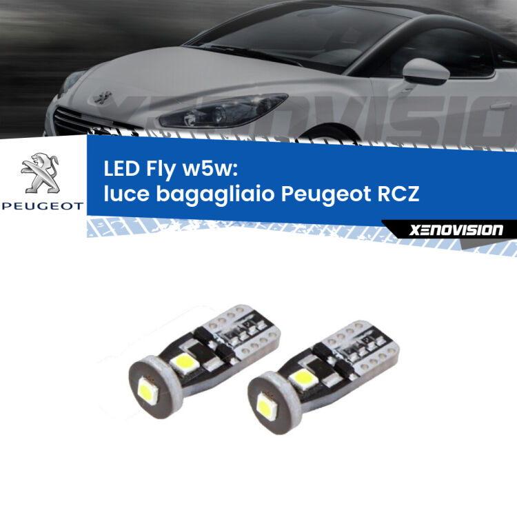 <strong>luce bagagliaio LED per Peugeot RCZ</strong>  2010 - 2015. Coppia lampadine <strong>w5w</strong> Canbus compatte modello Fly Xenovision.