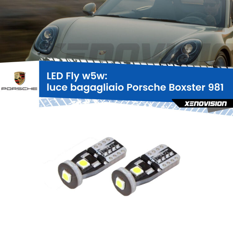 <strong>luce bagagliaio LED per Porsche Boxster</strong> 981 2012 in poi. Coppia lampadine <strong>w5w</strong> Canbus compatte modello Fly Xenovision.