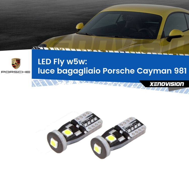 <strong>luce bagagliaio LED per Porsche Cayman</strong> 981 2013 in poi. Coppia lampadine <strong>w5w</strong> Canbus compatte modello Fly Xenovision.